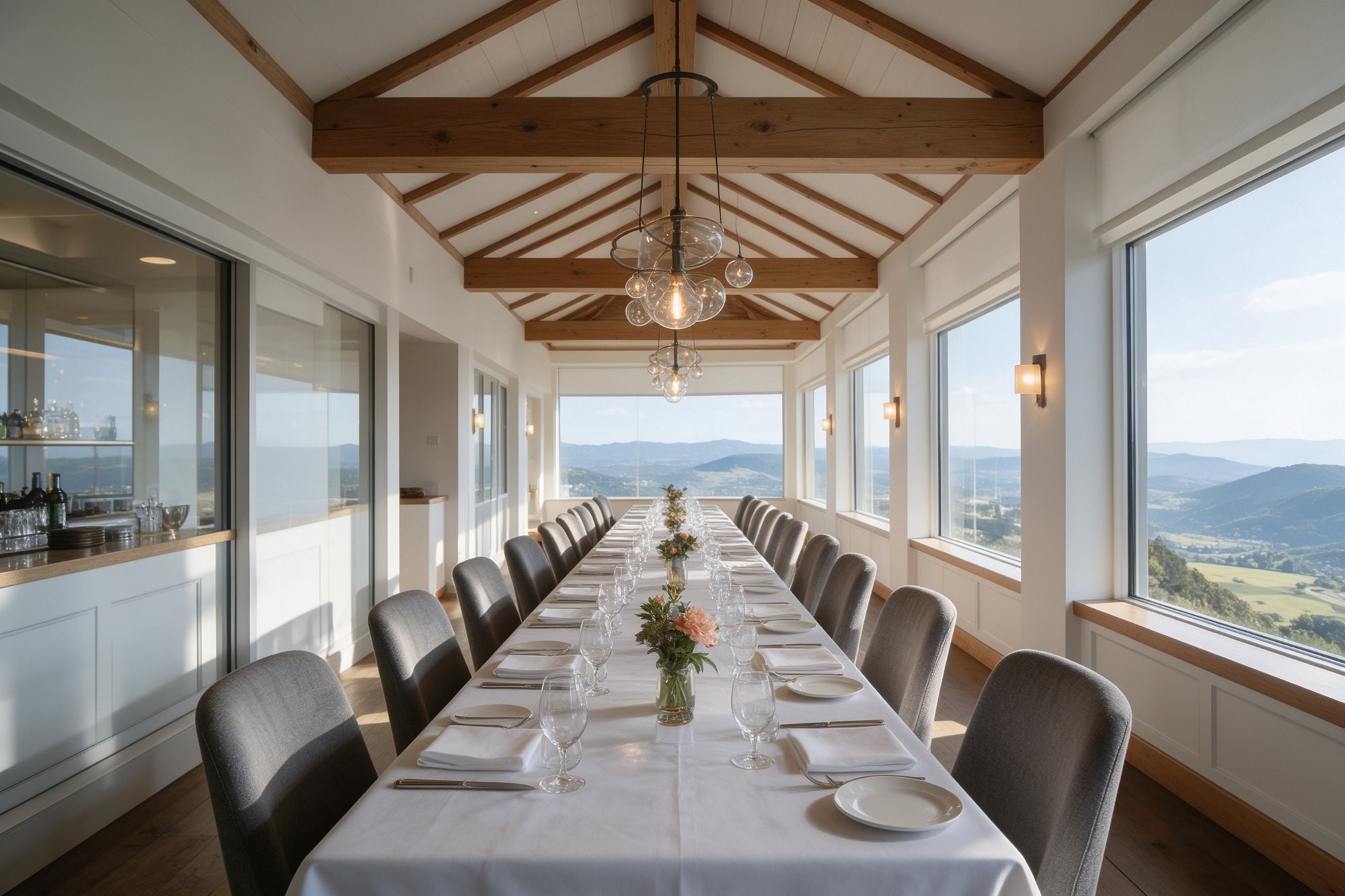 Comedor moderno con largas mesas, vigas de madera y ventanales con vistas
