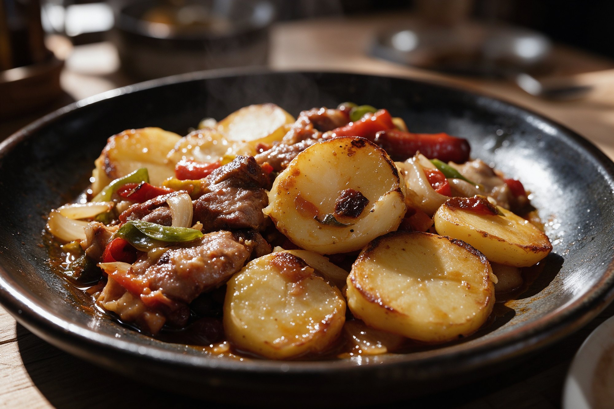 Patatas asadas con carne y verduras en plato oscuro