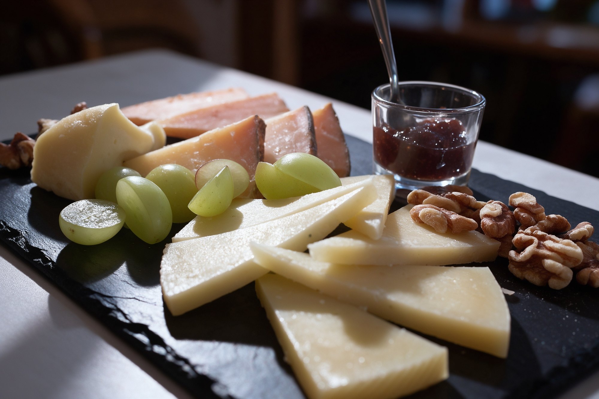 Tabla de quesos locales con nueces, uvas y mermelada sobre pizarra