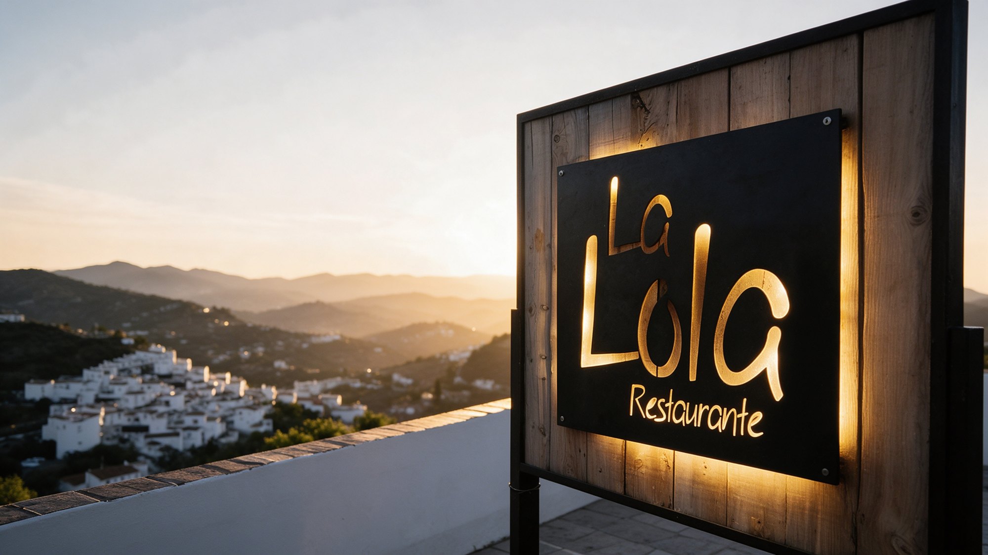 Rótulo negro iluminado de La Lola con el valle y el pueblo blanco al atardecer